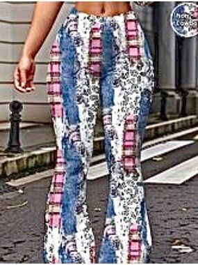 High-Waist Patchwork Flare Pants in Blue and Pink. Size M. NWT.